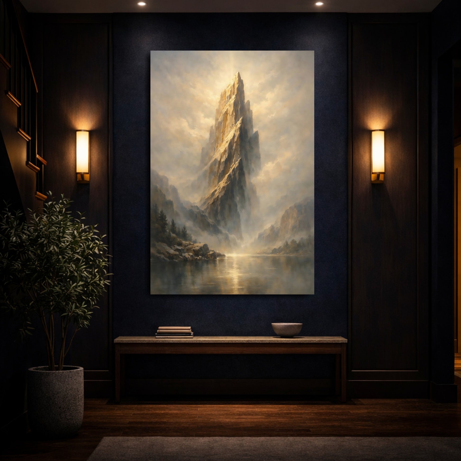 Mockup 3. Nature Mountain Peak Golden Mountain Landscape shown as stretched canvas wall art