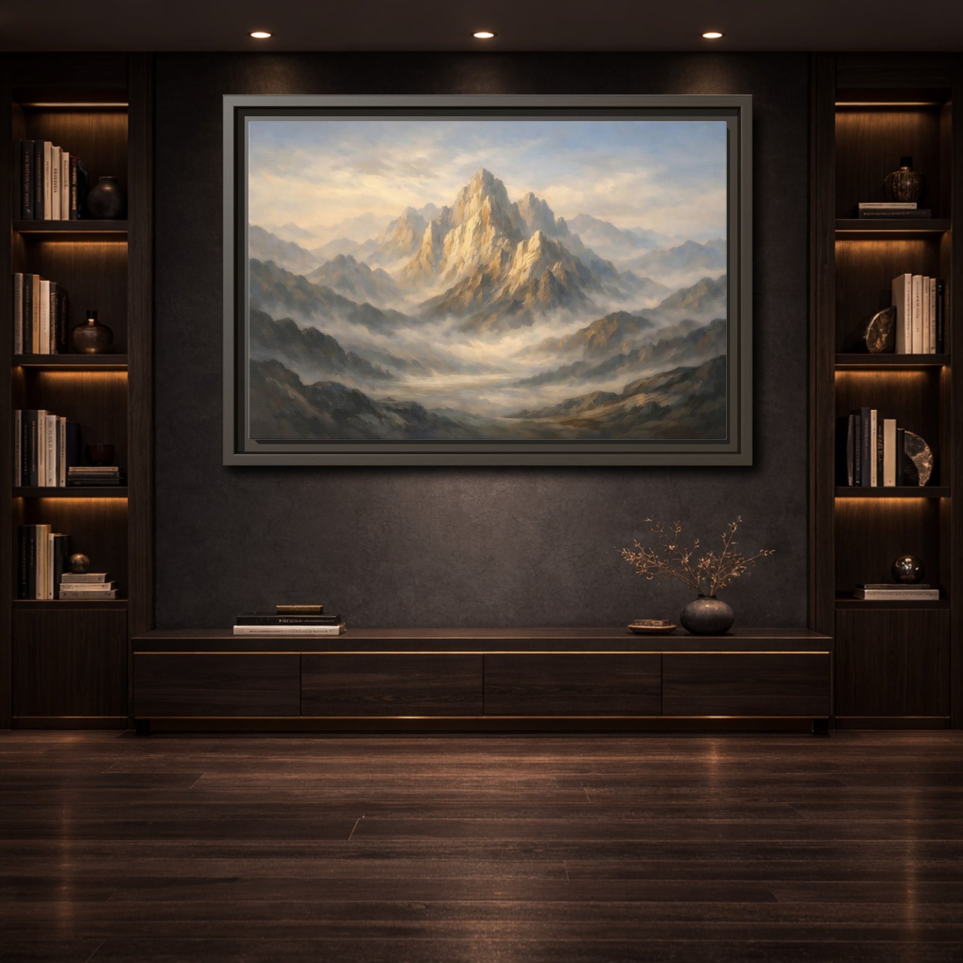 Mockup 3. Nature Mountain Peak Golden Mountain Landscape shown as stretched canvas wall art