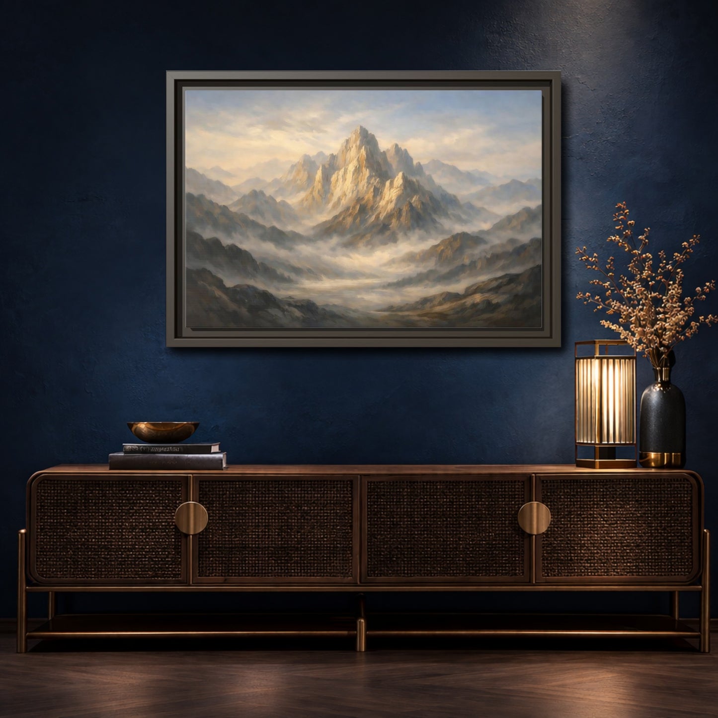 Mockup 4. Nature Mountain Peak Golden Mountain Landscape shown as stretched canvas wall art