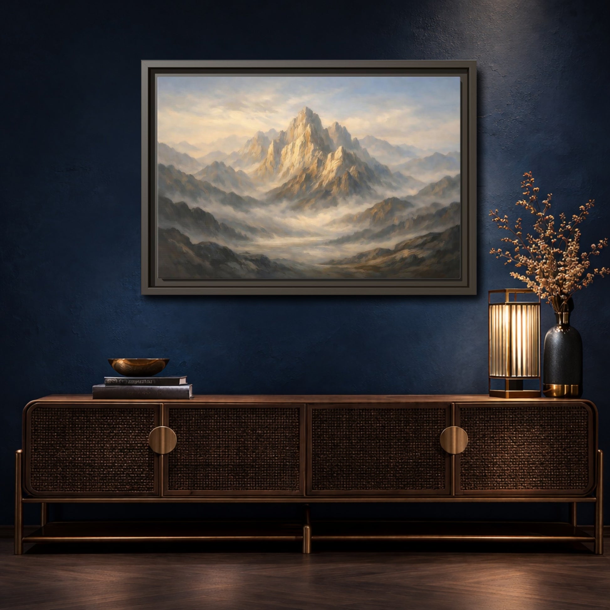 Mockup 4. Nature Mountain Peak Golden Mountain Landscape shown as stretched canvas wall art