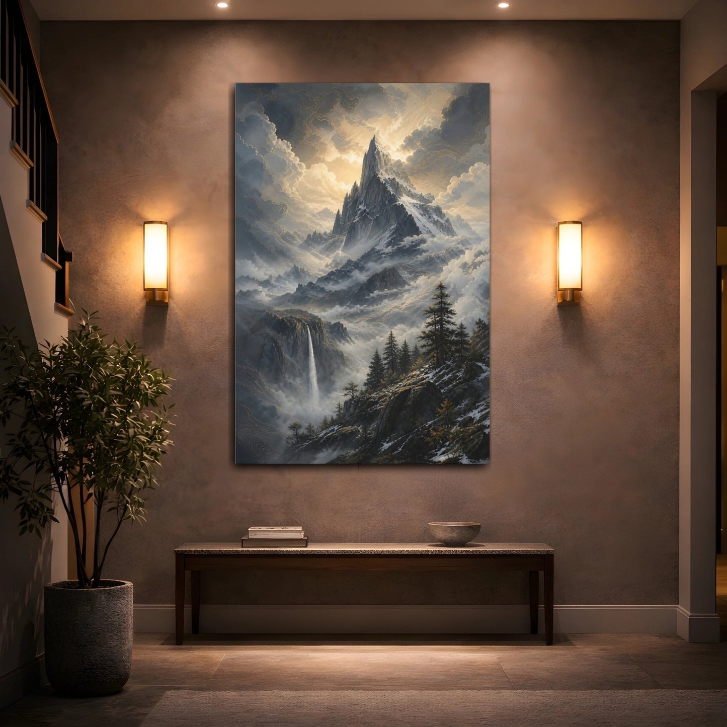 Nature Mountain Peak Grey And Gold Canvas Wall Art Print – Living Room Decor, Above Couch - YesArtYes
