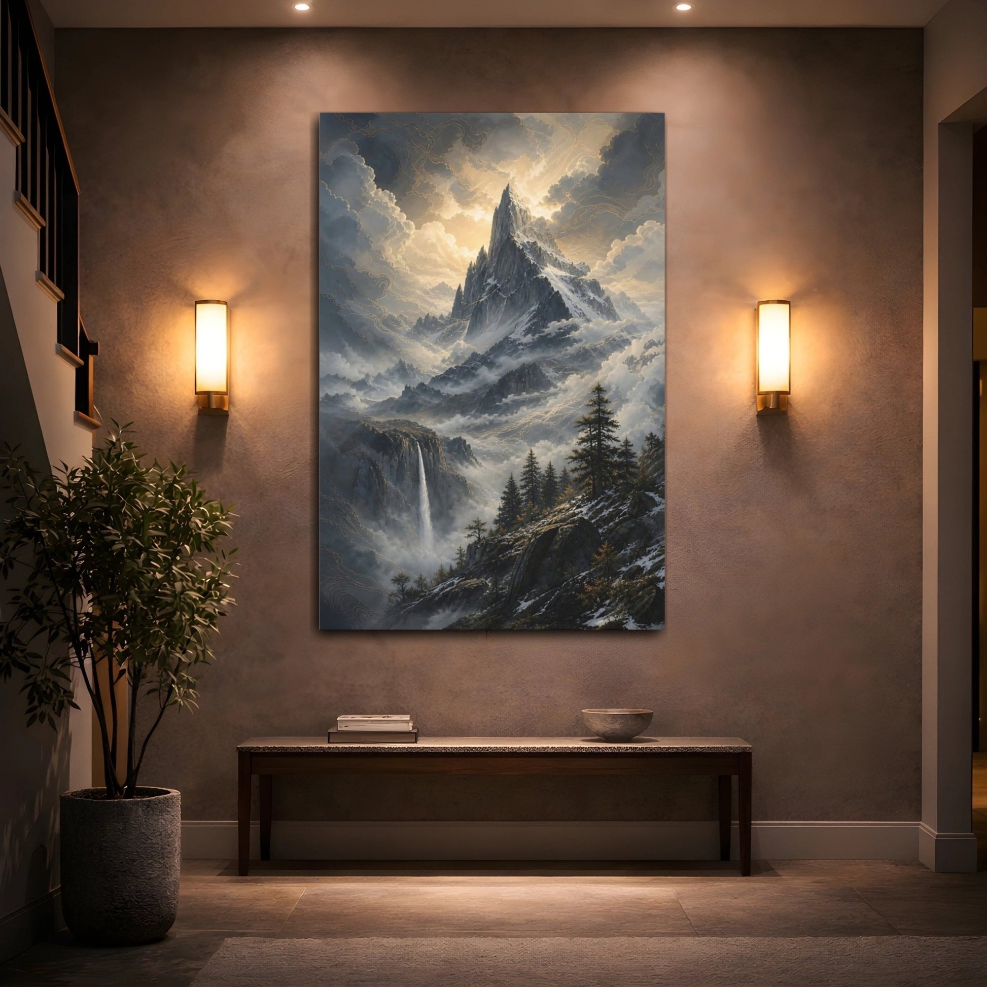 Nature Mountain Peak Grey And Gold Canvas Wall Art Print – Living Room Decor, Above Couch - YesArtYes