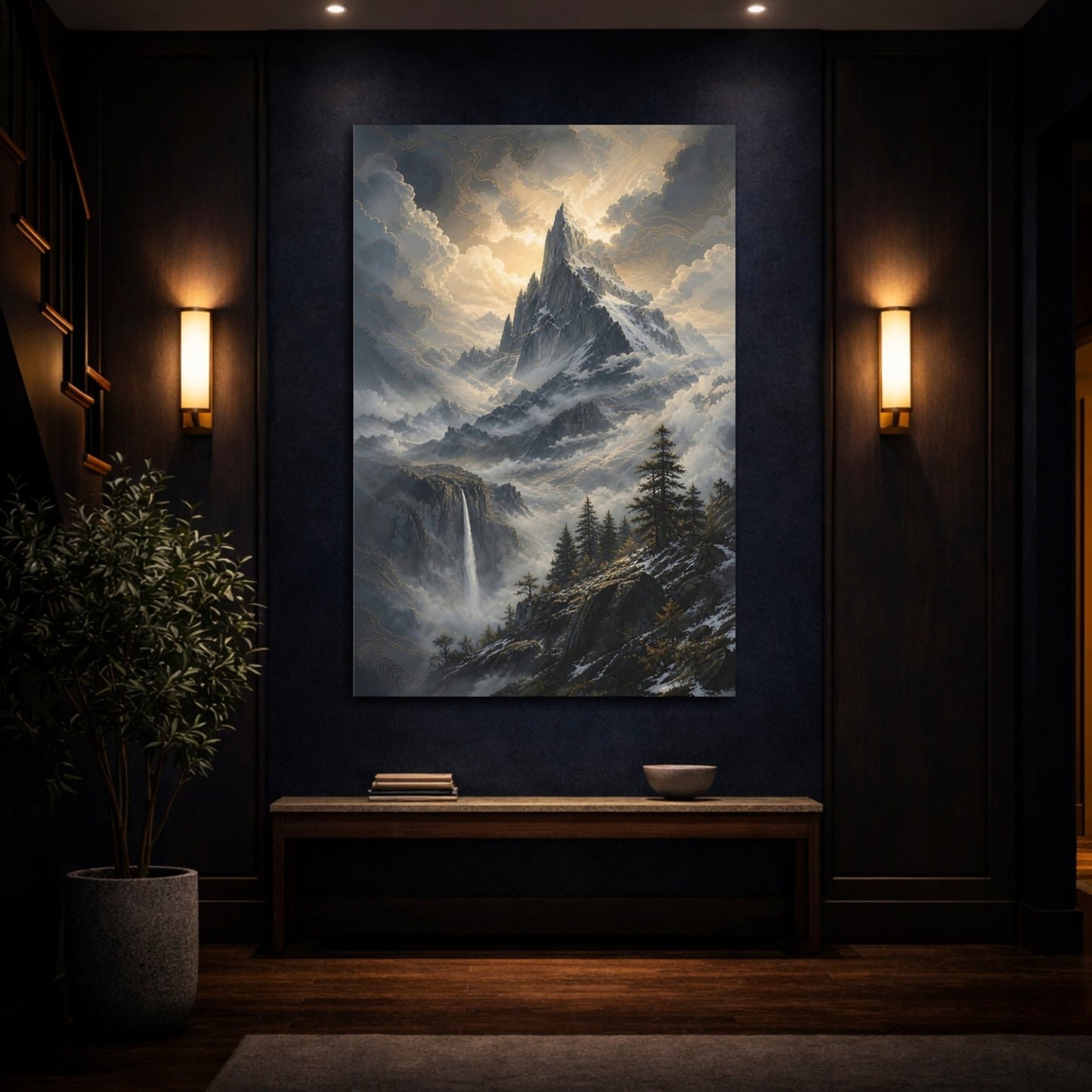 Nature Mountain Peak Grey And Gold Canvas Wall Art Print – Living Room Decor, Above Couch - YesArtYes