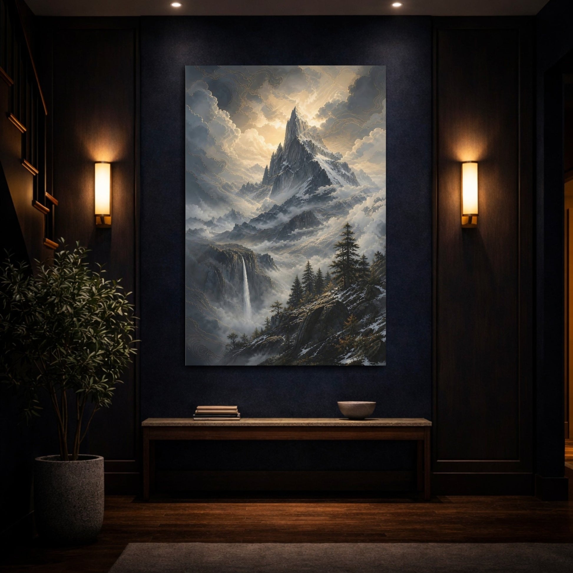 Nature Mountain Peak Grey And Gold Canvas Wall Art Print – Living Room Decor, Above Couch - YesArtYes