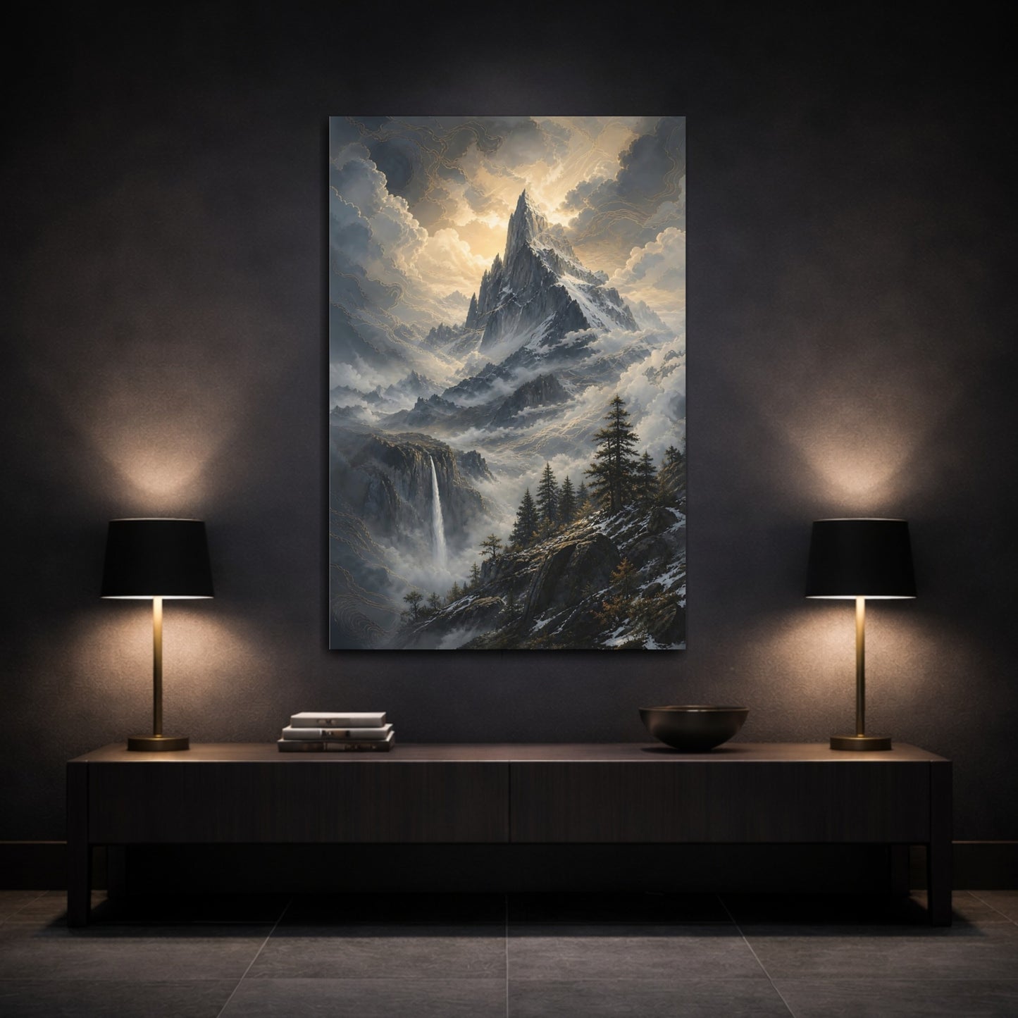 Mockup 3. Nature Mountain Peak Grey And Gold shown as stretched canvas wall art