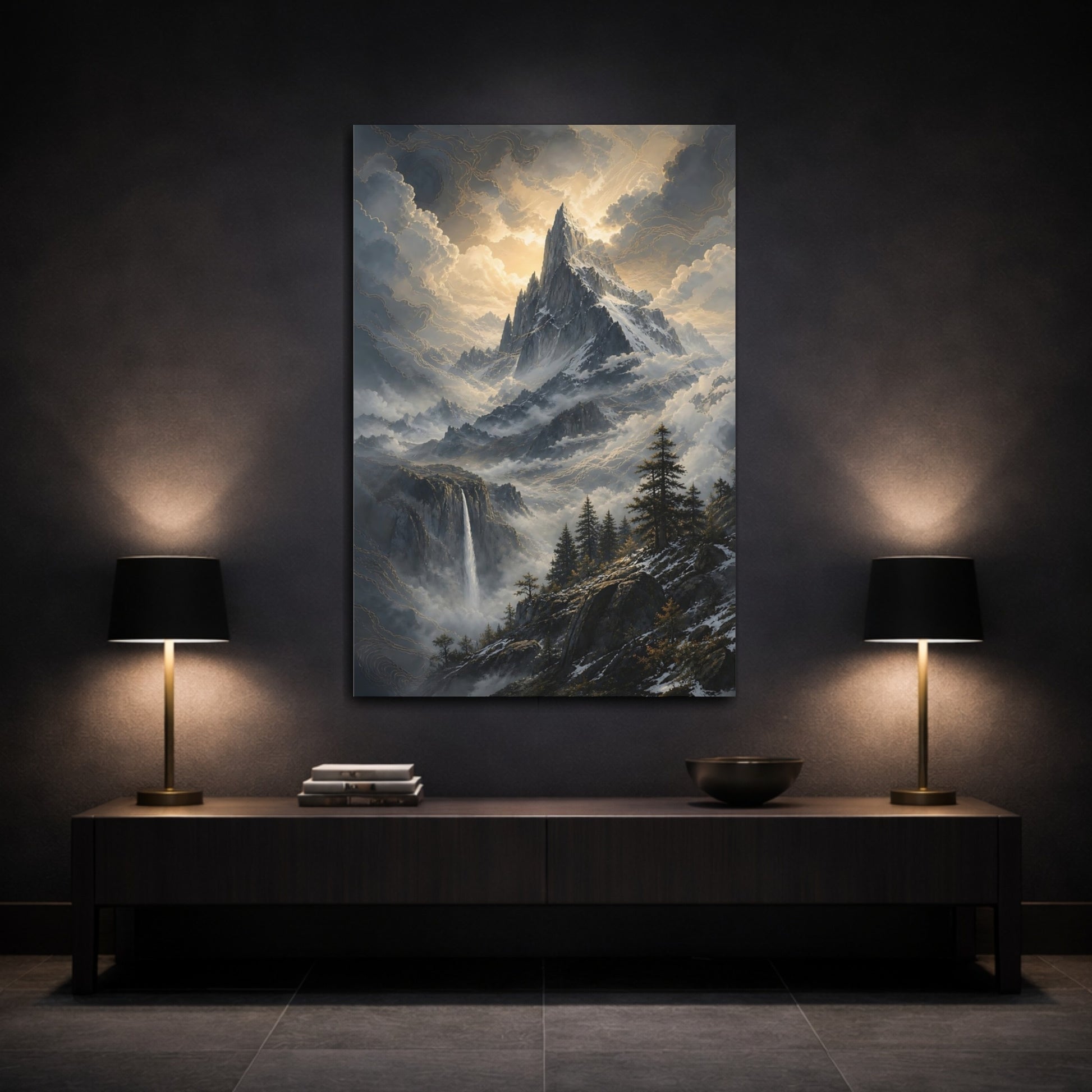 Mockup 3. Nature Mountain Peak Grey And Gold shown as stretched canvas wall art