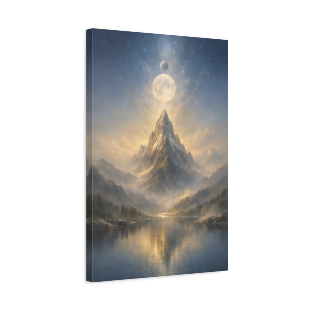 Side Mockup 3. Nature Mountain Peak Mountain Lake Moon shown as stretched canvas wall art