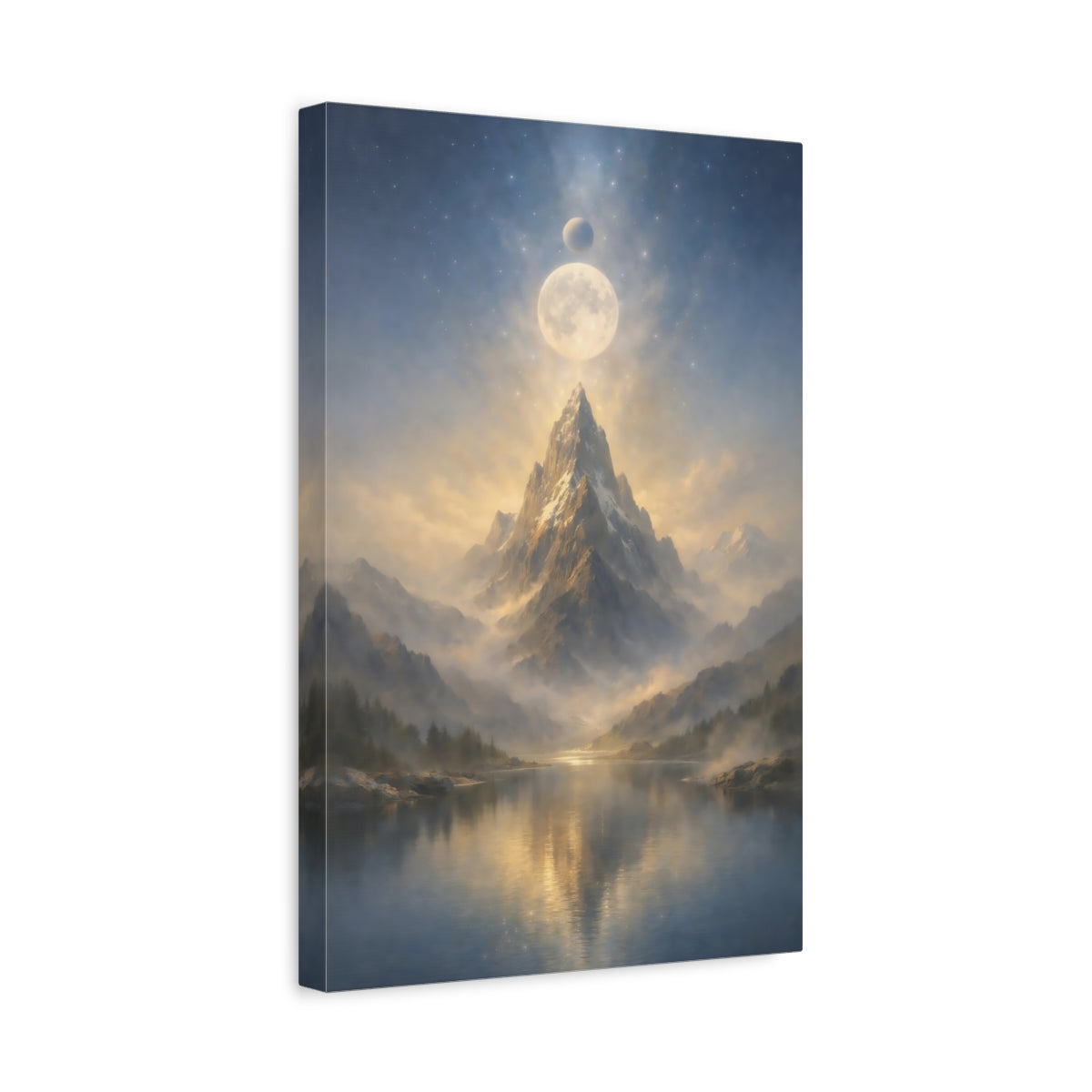 Side Mockup 4. Nature Mountain Peak Mountain Lake Moon shown as stretched canvas wall art