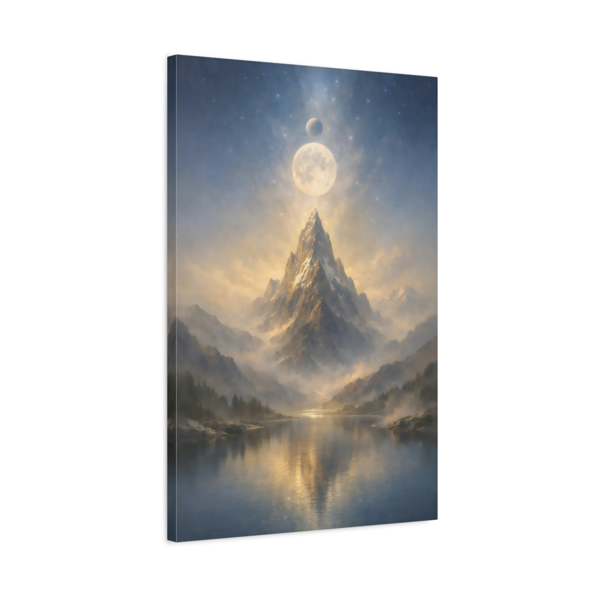 Side Mockup 2. Nature Mountain Peak Mountain Lake Moon shown as stretched canvas wall art