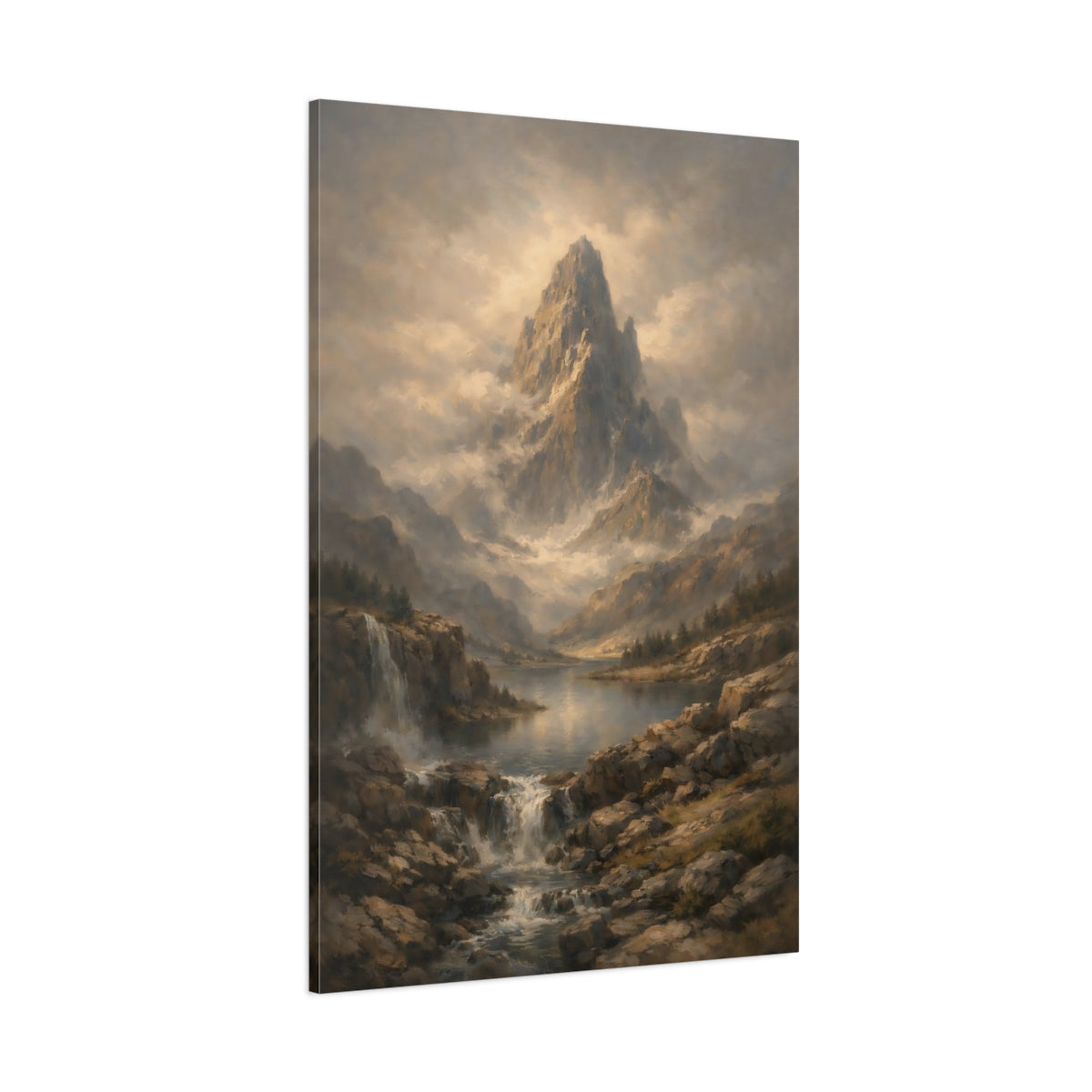 Main Mockup. Nature Mountain Peak Misty Mountain Lake shown as stretched canvas wall art