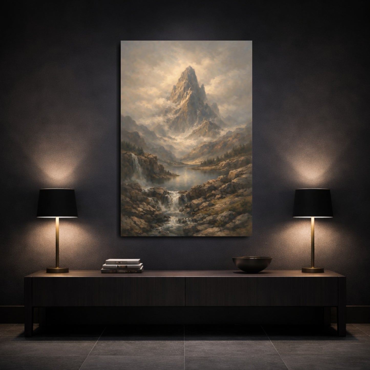 Mockup 2. Nature Mountain Peak Misty Mountain Lake shown as stretched canvas wall art