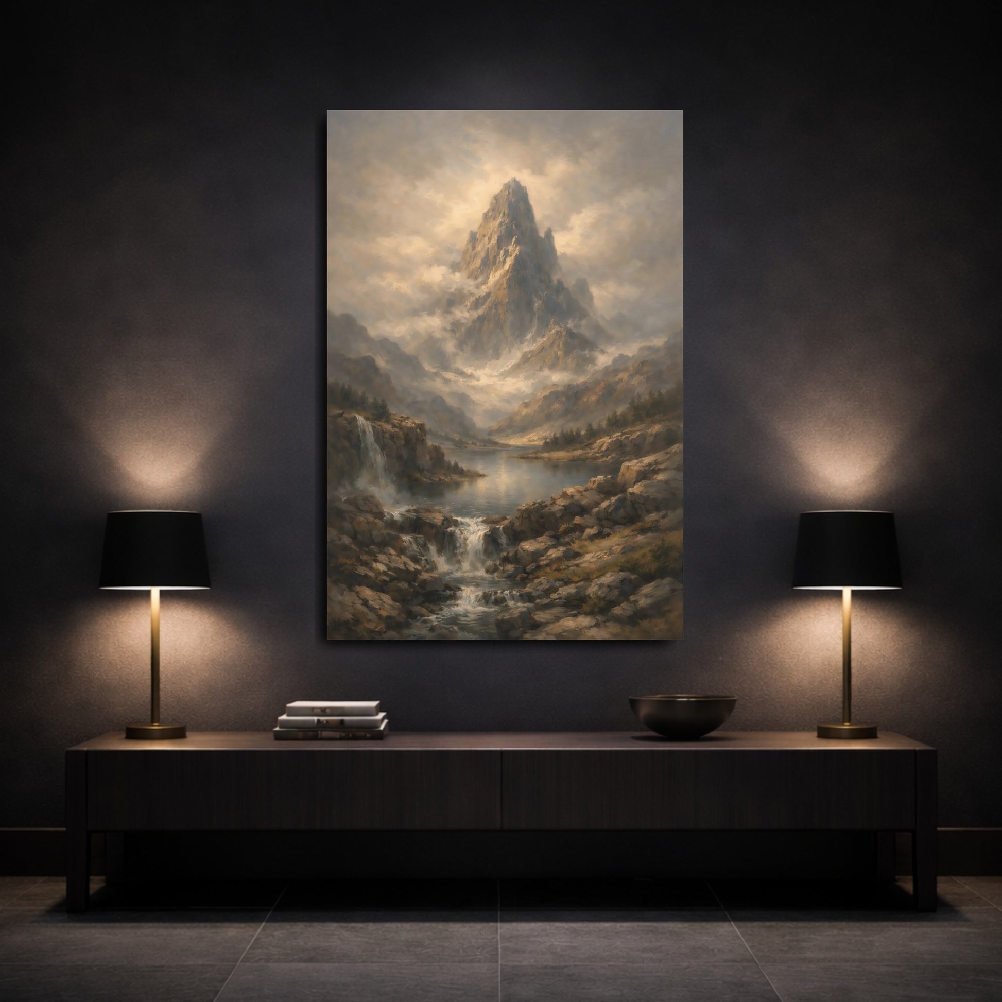 Mockup 2. Nature Mountain Peak Misty Mountain Lake shown as stretched canvas wall art