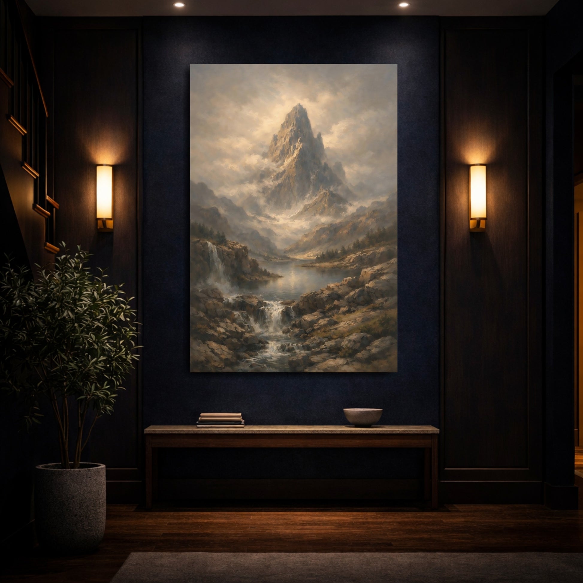 Mockup 3. Nature Mountain Peak Misty Mountain Lake shown as stretched canvas wall art