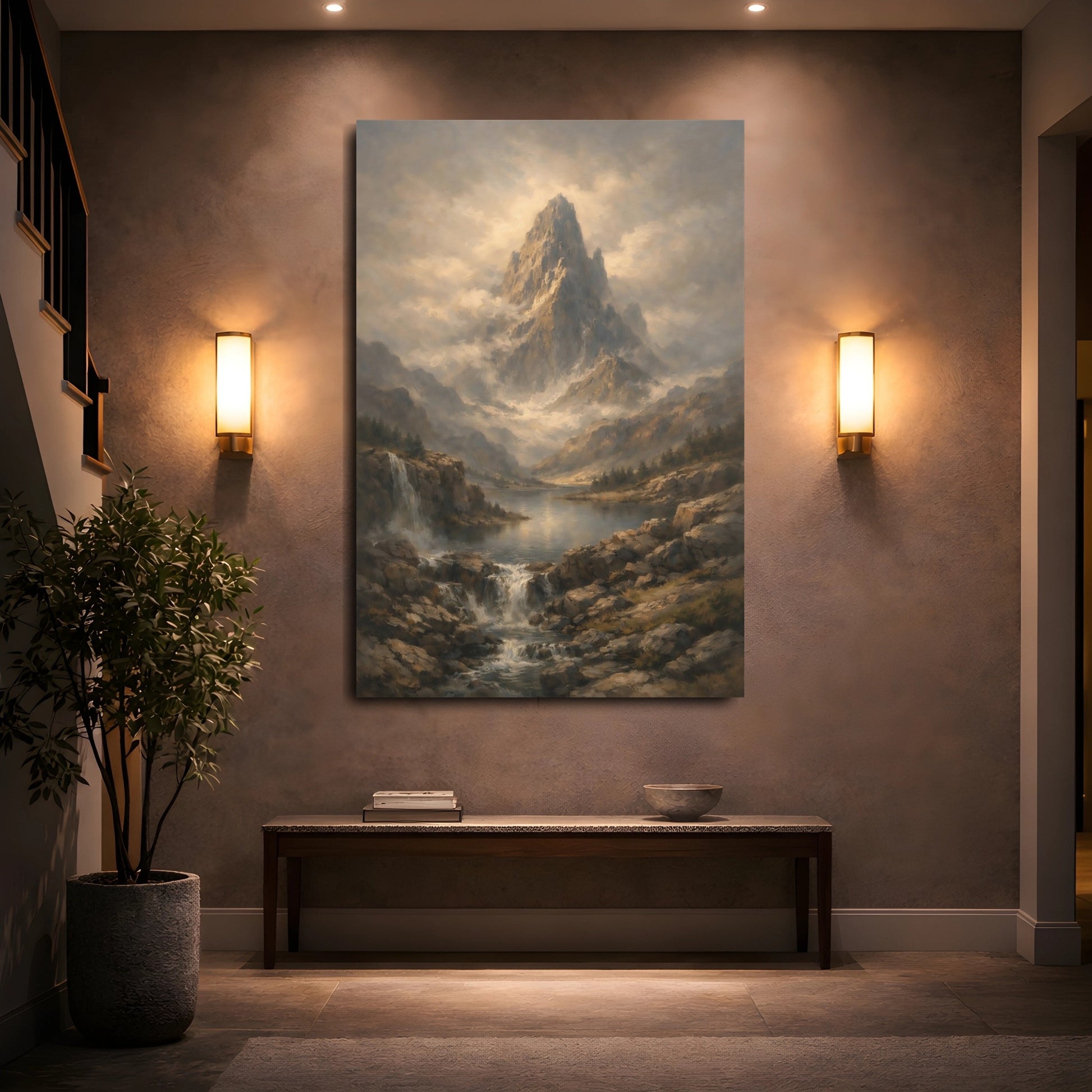 Mockup 4. Nature Mountain Peak Misty Mountain Lake shown as stretched canvas wall art