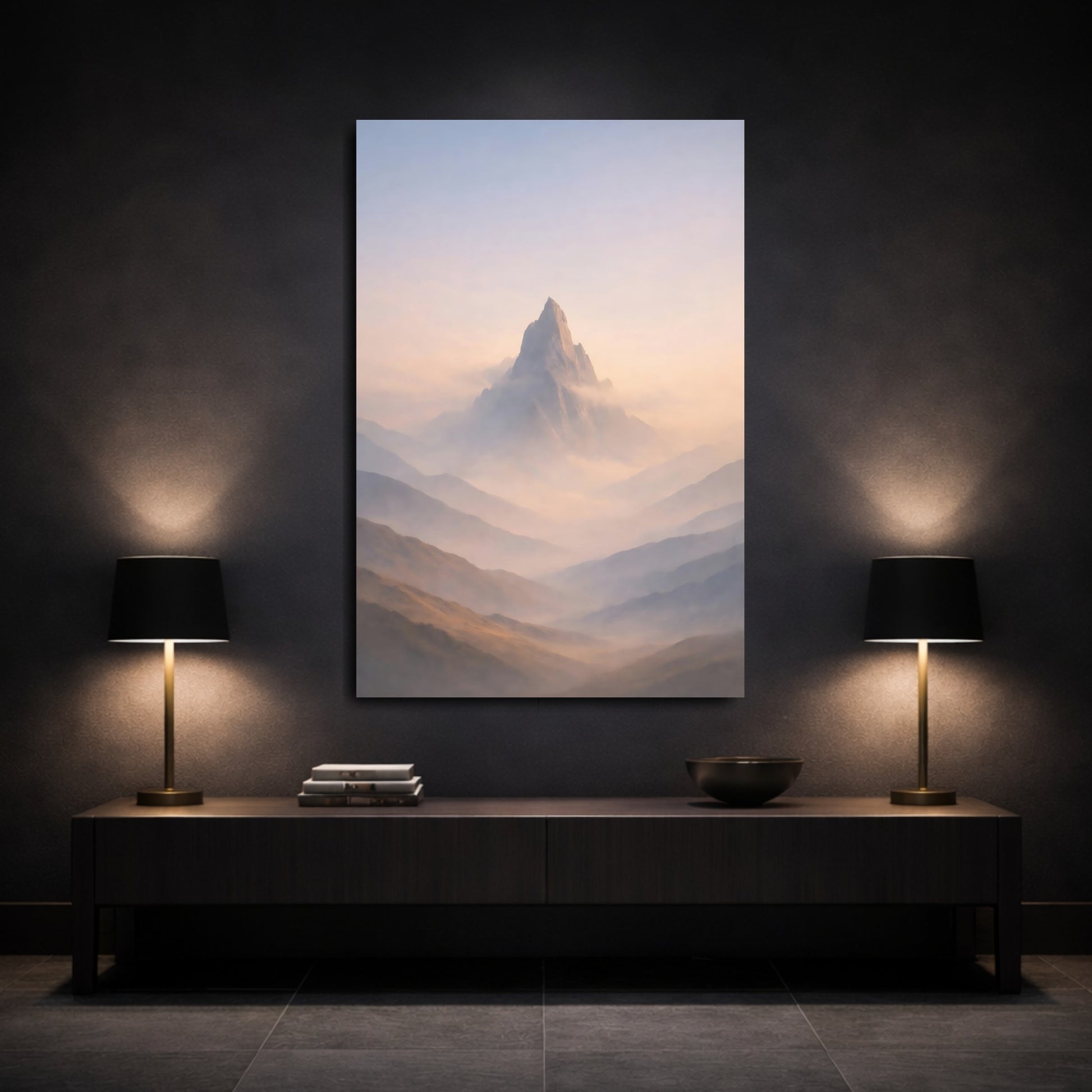 Mockup 2. Nature Mountain Peak Misty Mountain shown as stretched canvas wall art