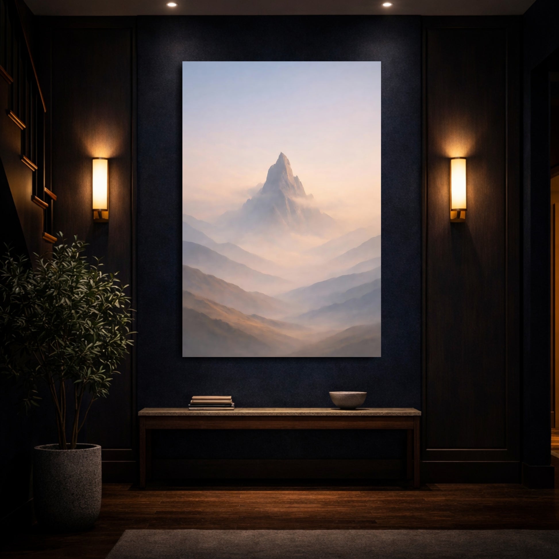 Mockup 3. Nature Mountain Peak Misty Mountain shown as stretched canvas wall art