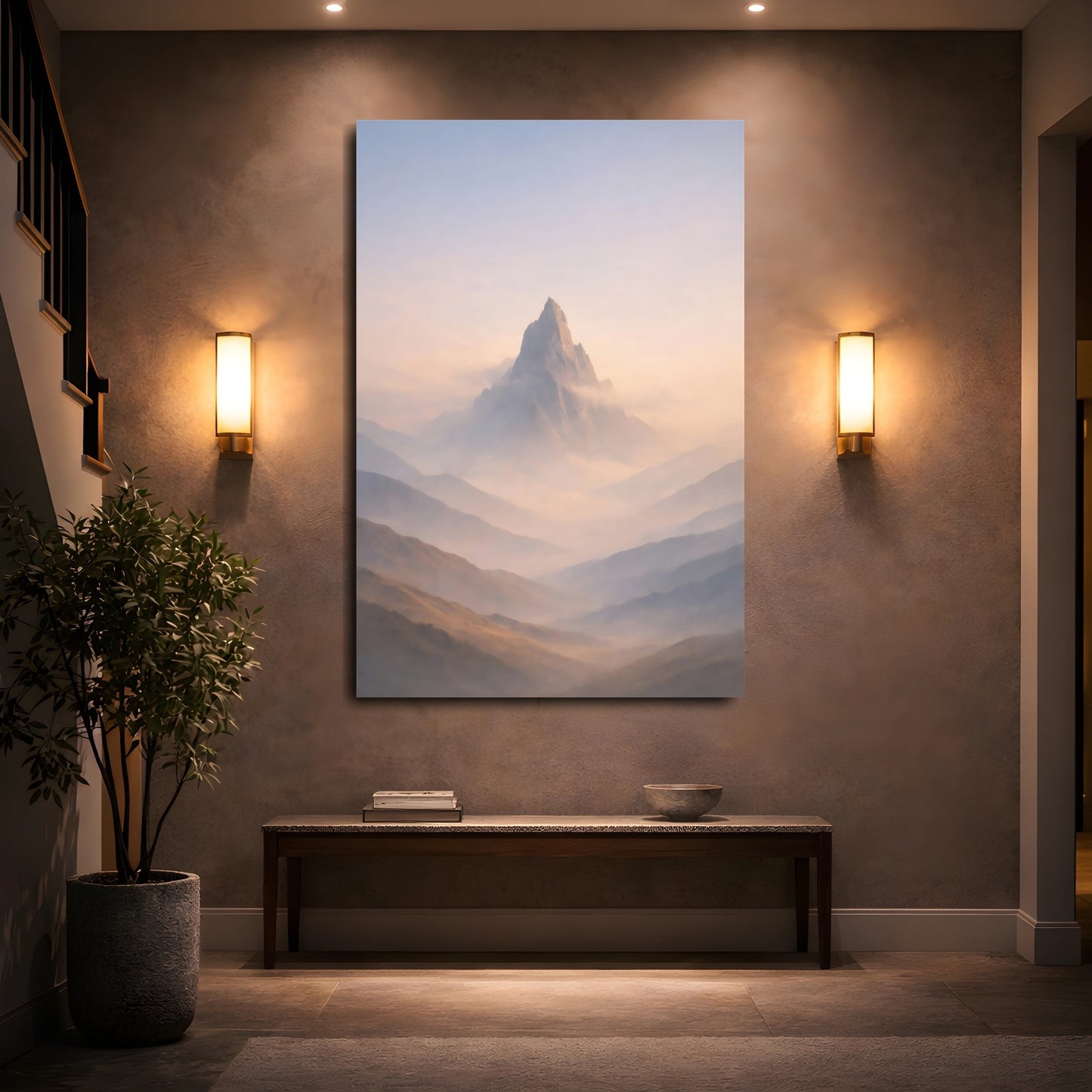 Mockup 4. Nature Mountain Peak Misty Mountain shown as stretched canvas wall art