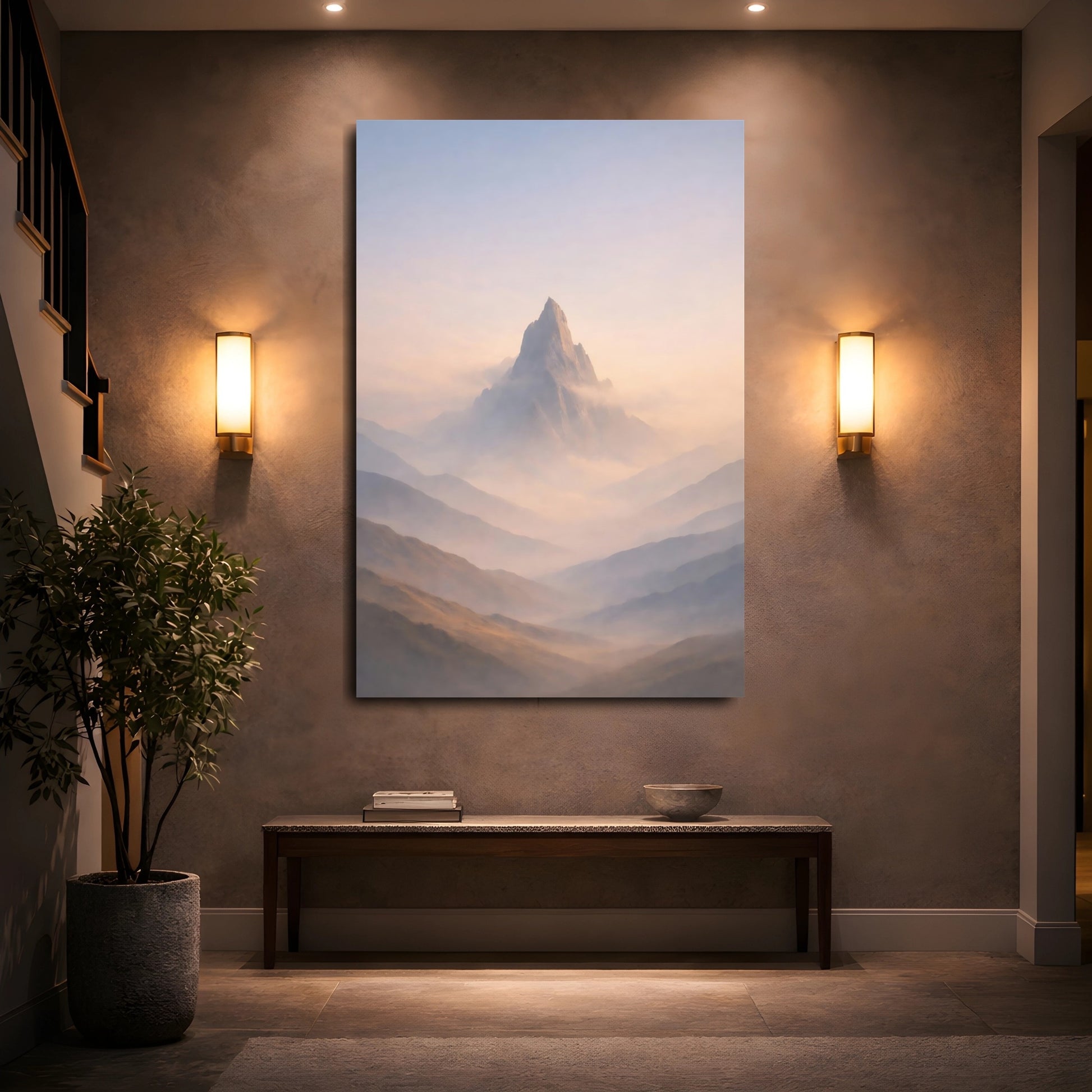 Mockup 4. Nature Mountain Peak Misty Mountain shown as stretched canvas wall art