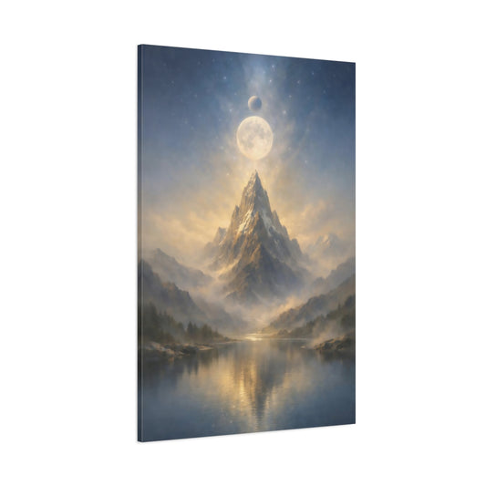 Main Mockup. Nature Mountain Peak Mountain Lake Moon shown as stretched canvas wall art