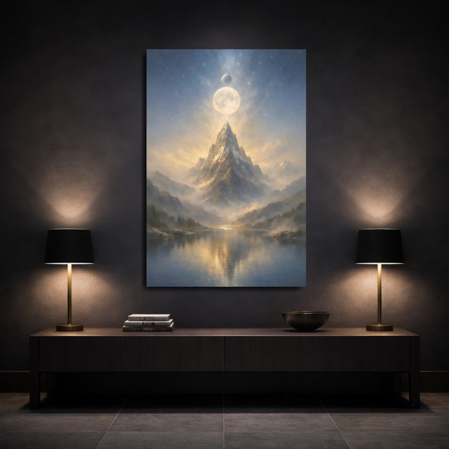 Mockup 2. Nature Mountain Peak Mountain Lake Moon shown as stretched canvas wall art