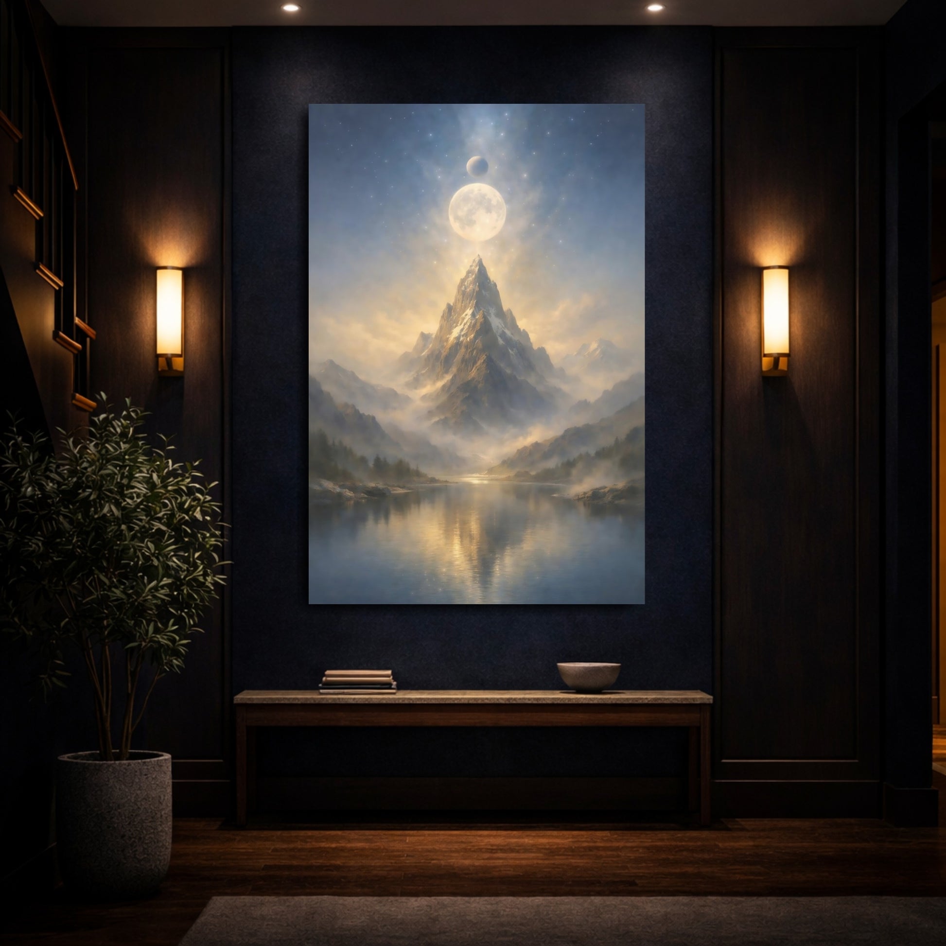 Mockup 3. Nature Mountain Peak Mountain Lake Moon shown as stretched canvas wall art