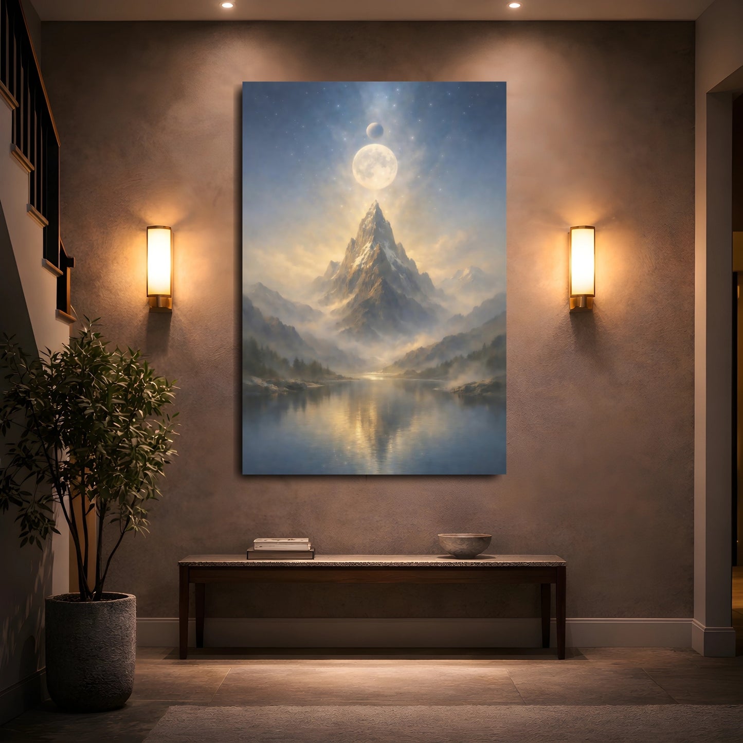 Mockup 4. Nature Mountain Peak Mountain Lake Moon shown as stretched canvas wall art