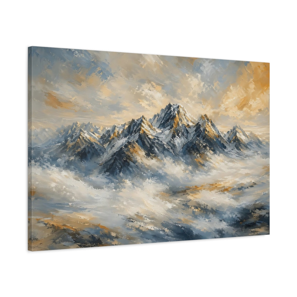 Main Mockup. Nature Mountain Range Blue And Gold shown as stretched canvas wall art