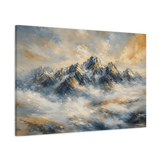 Main Mockup. Nature Mountain Range Blue And Gold shown as stretched canvas wall art