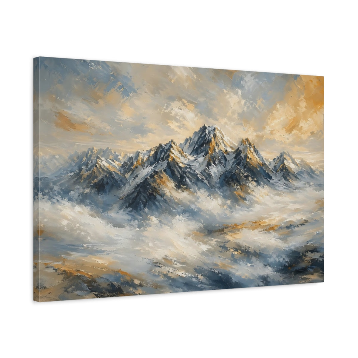 Side Mockup 2. Nature Mountain Range Blue And Gold shown as stretched canvas wall art