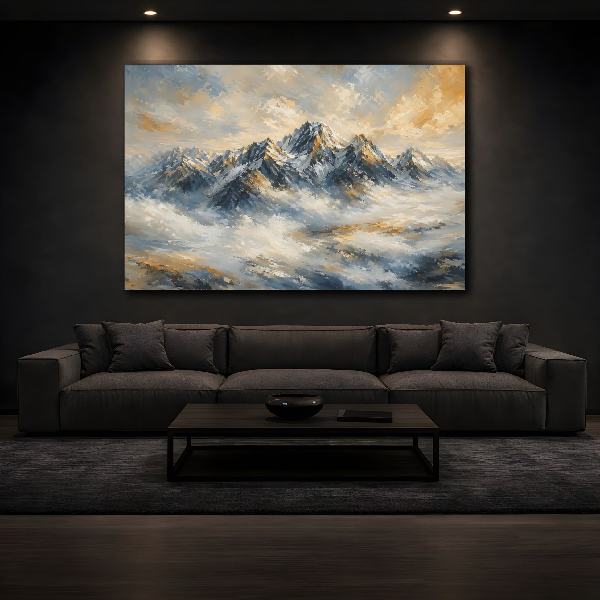 Mockup 3. Nature Mountain Range Blue And Gold shown as stretched canvas wall art