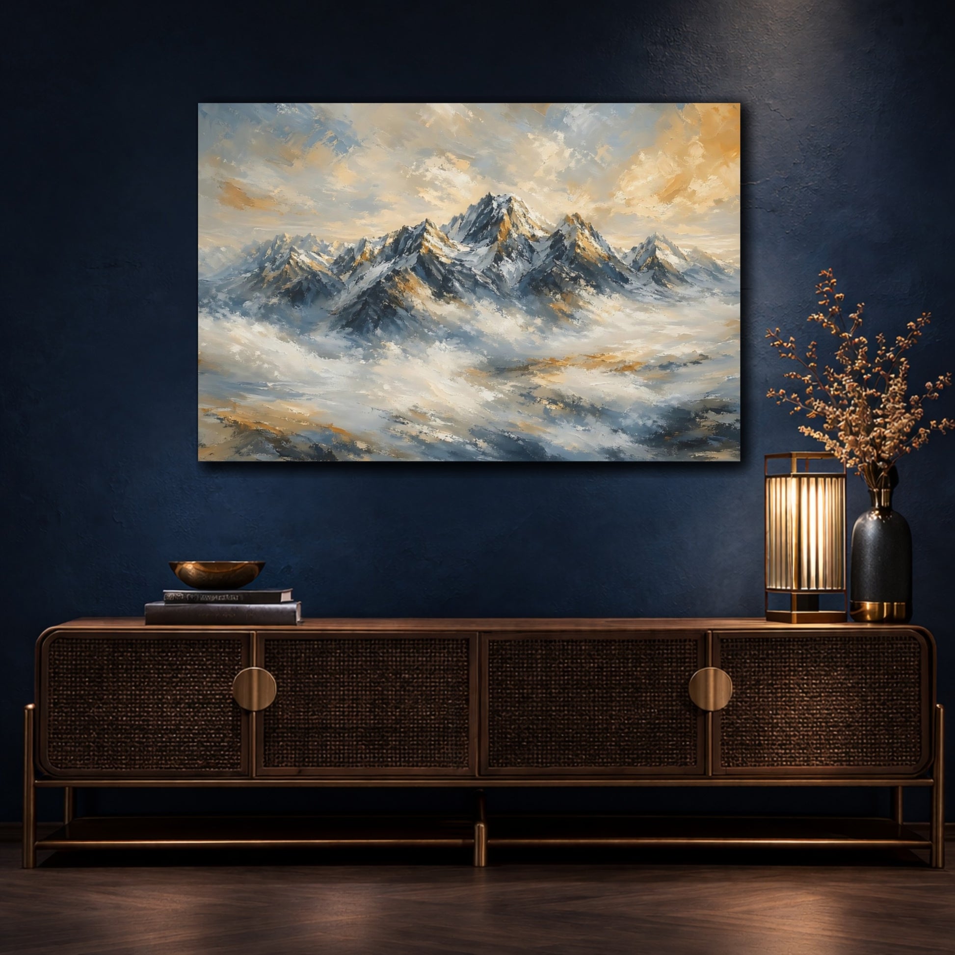 Mockup 4. Nature Mountain Range Blue And Gold shown as stretched canvas wall art