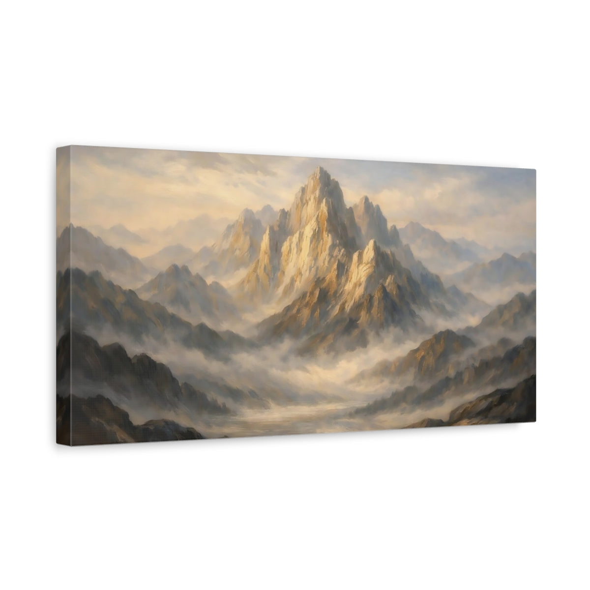 Side Mockup 3. Nature Mountain Range Golden Mountains shown as stretched canvas wall art