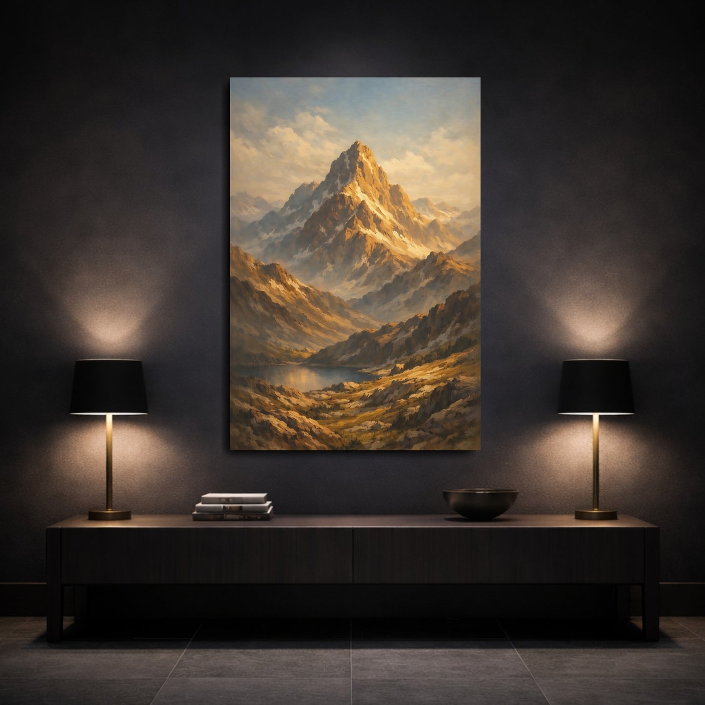 Mockup 2. Nature Mountain Range Golden Mountain Landscape shown as stretched canvas wall art