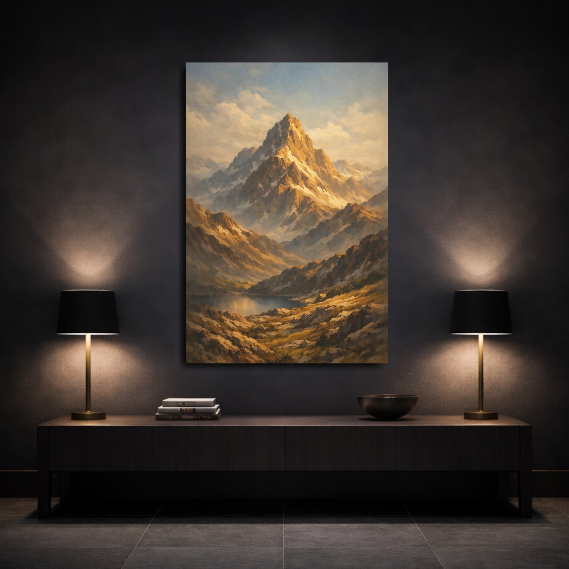 Mockup 2. Nature Mountain Range Golden Mountain Landscape shown as stretched canvas wall art