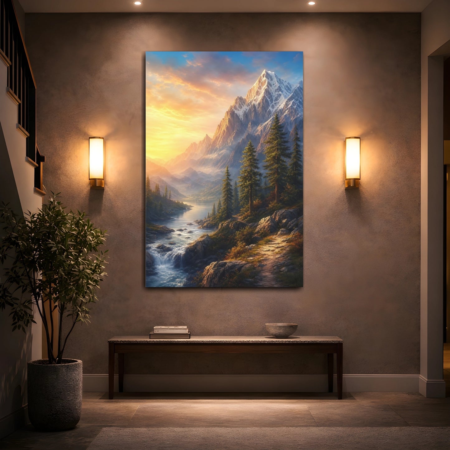 Mockup 2. Nature Mountain Range Golden Mountain shown as stretched canvas wall art