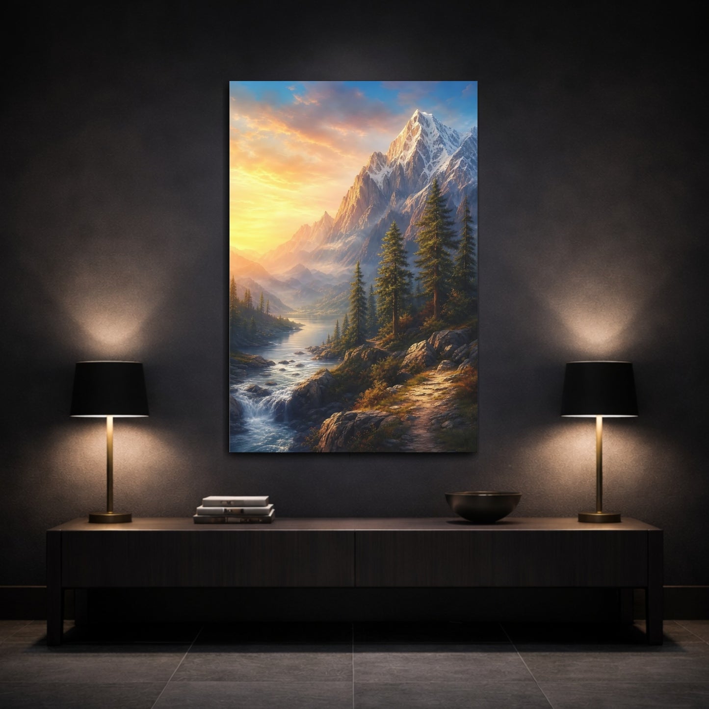 Mockup 3. Nature Mountain Range Golden Mountain shown as stretched canvas wall art