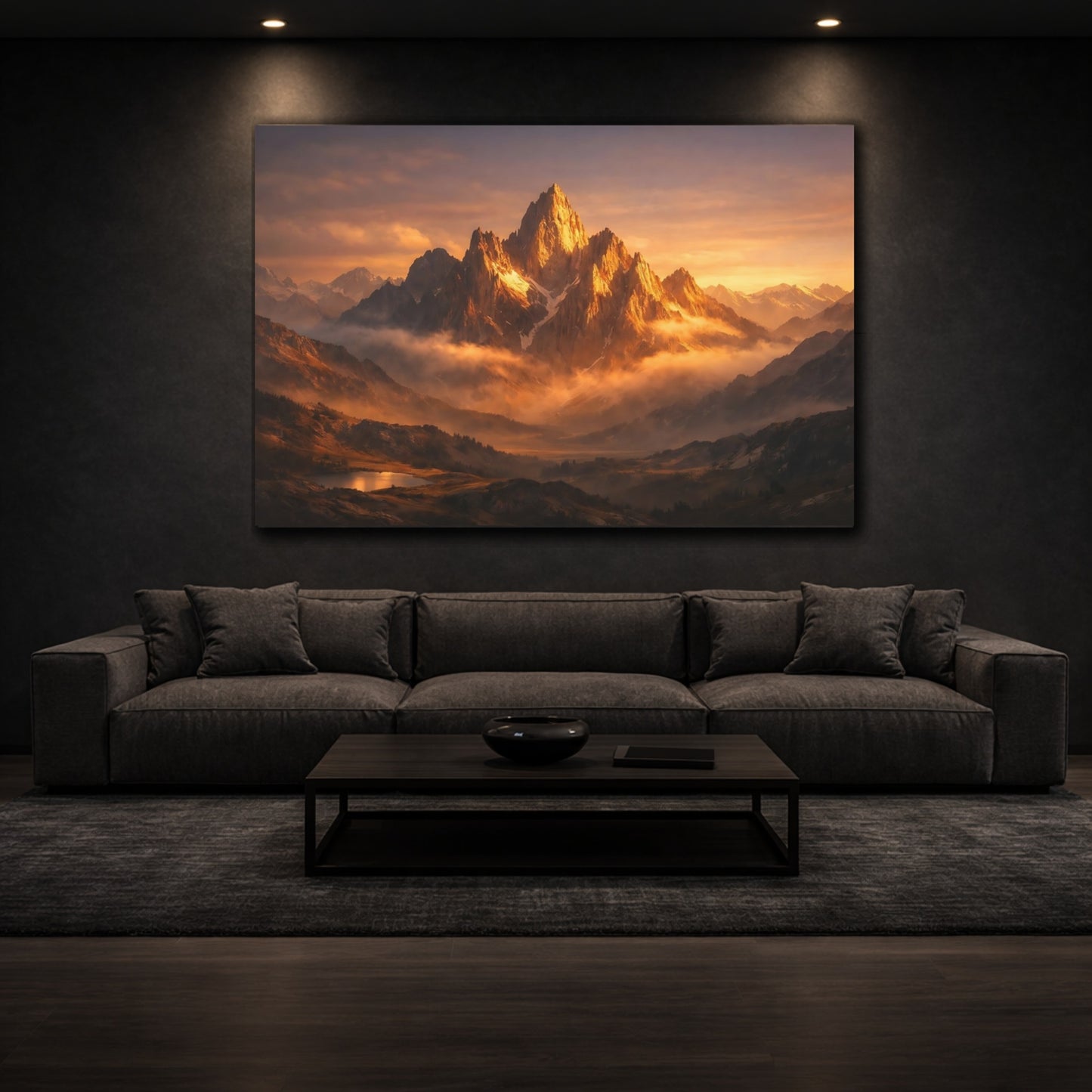 Nature Mountain Range Golden Mountains shown as front canvas room wall art
