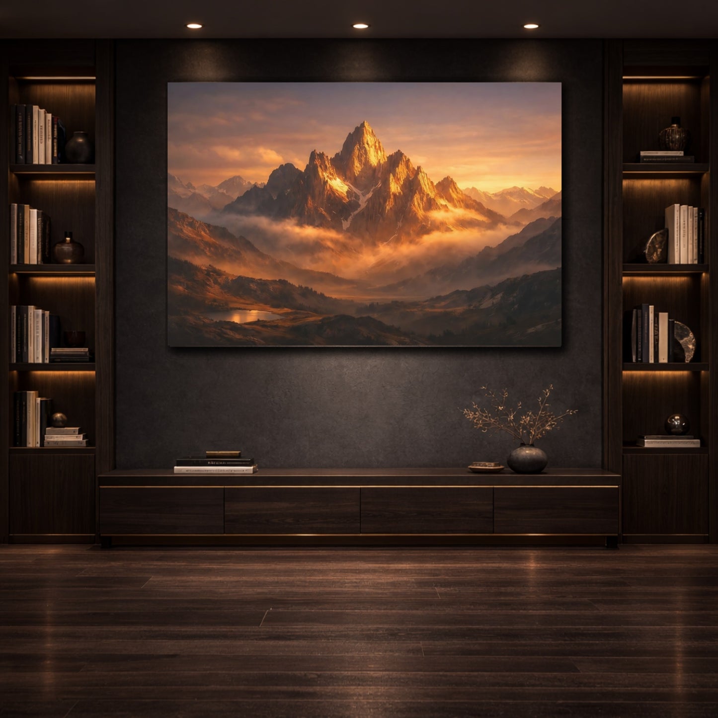 Nature Mountain Range Golden Mountains shown as front canvas room wall art