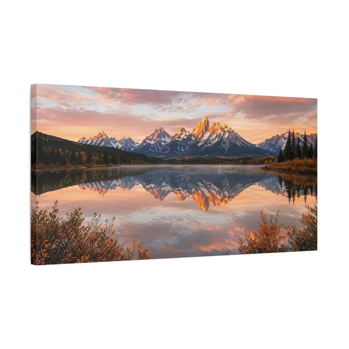 Side Mockup 1. Nature Mountain Range Mountain Lake Sunset shown as stretched canvas wall art