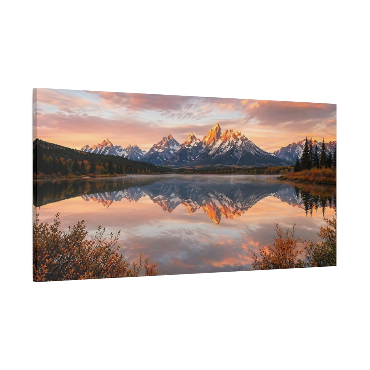 Side Mockup 2. Nature Mountain Range Mountain Lake Sunset shown as stretched canvas wall art