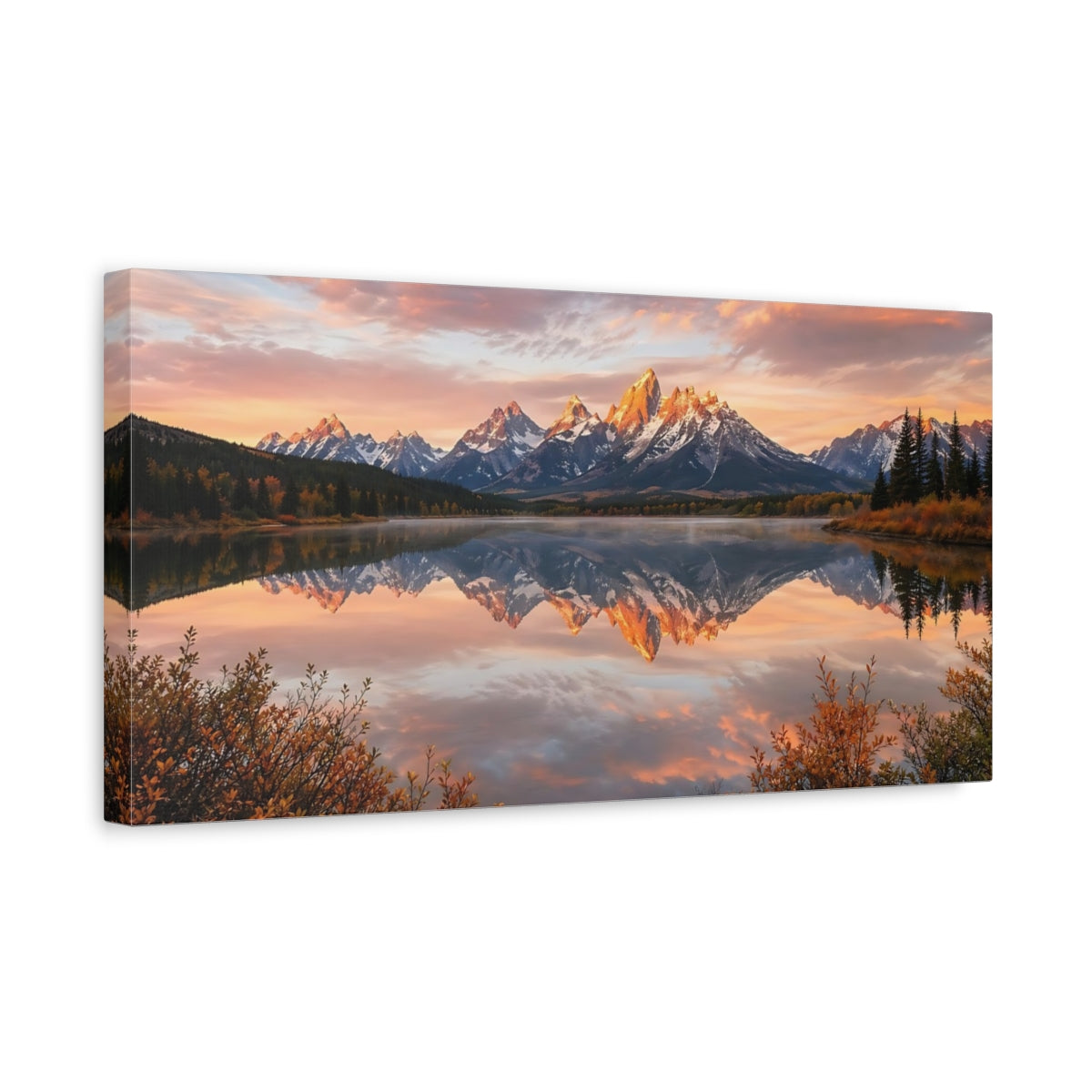 Side Mockup 3. Nature Mountain Range Mountain Lake Sunset shown as stretched canvas wall art