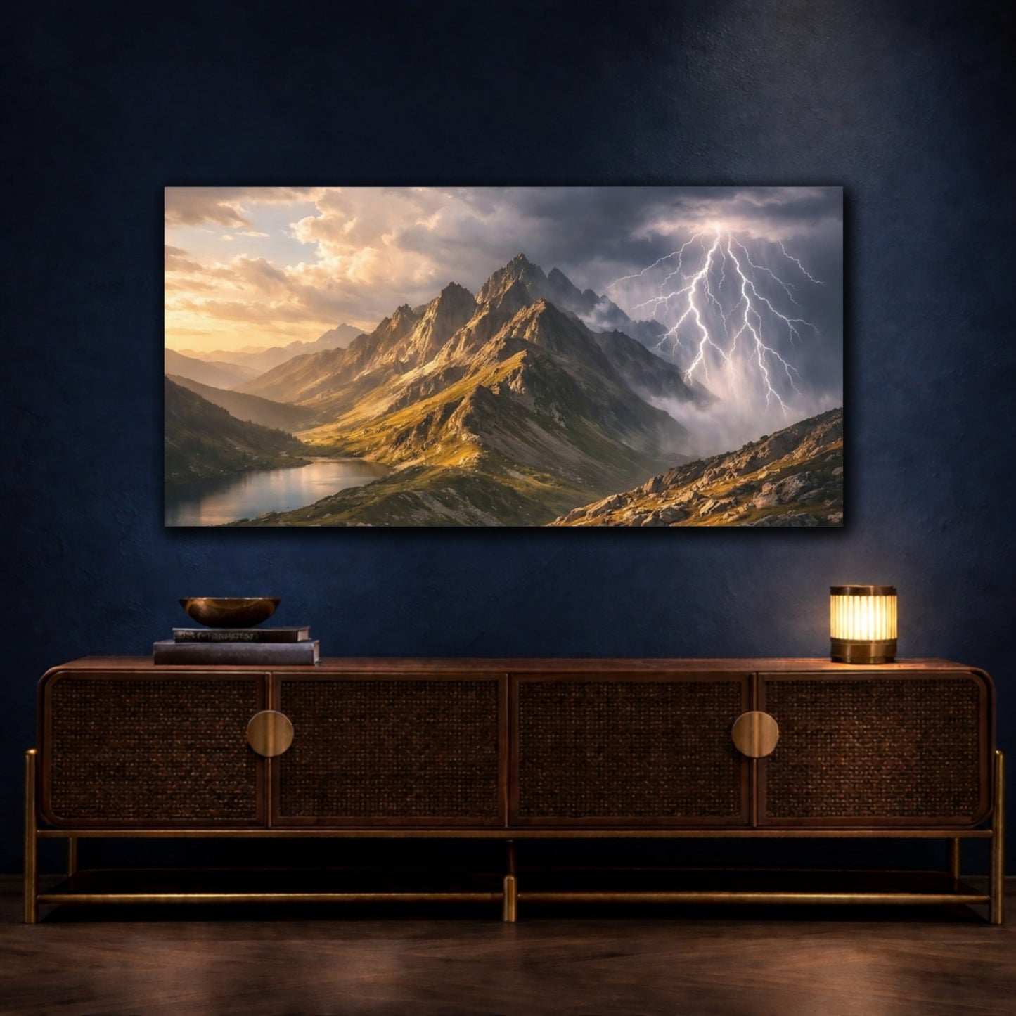 Nature Mountain Range Lightning Storm - Canvas Wall Art Print - YesArtYes