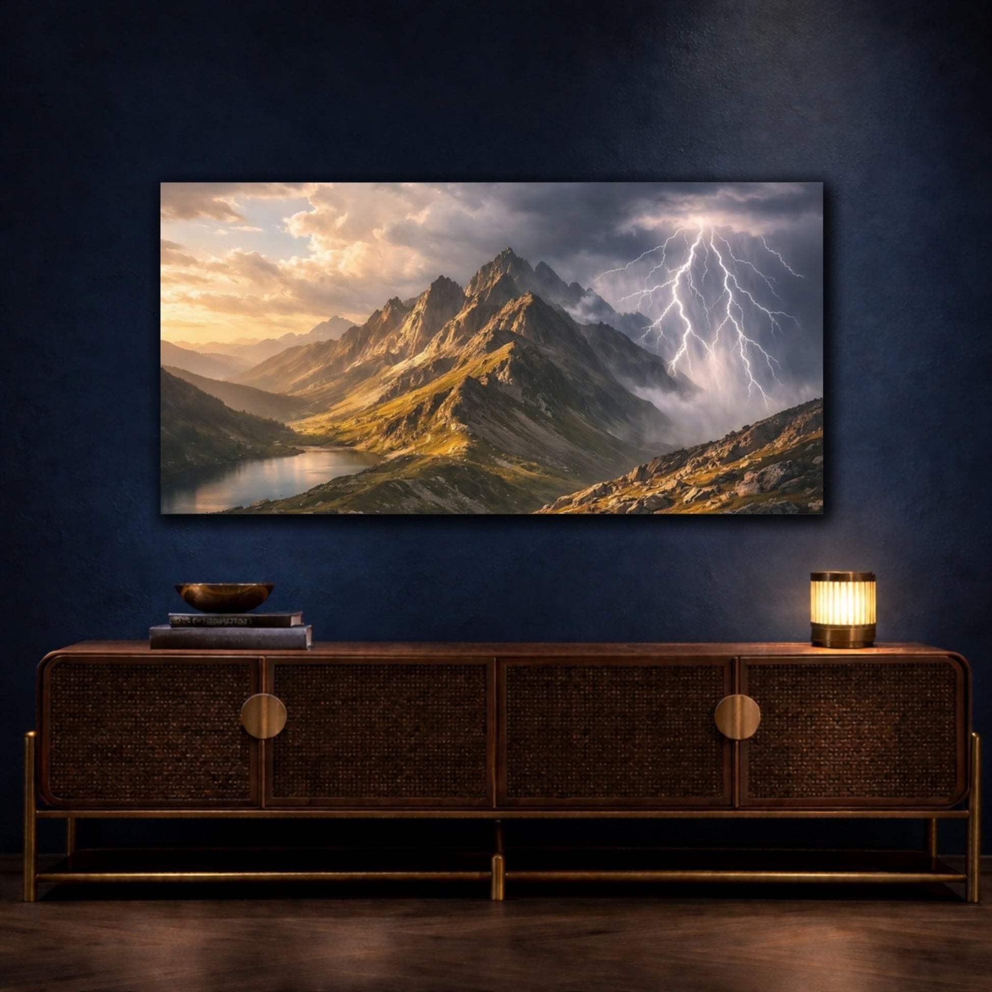 Nature Mountain Range Lightning Storm - Canvas Wall Art Print - YesArtYes
