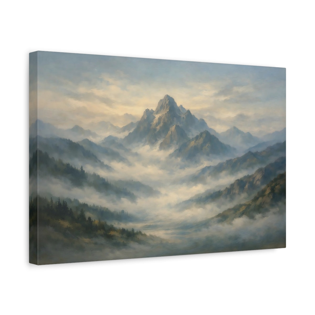 Side Mockup 4. Nature Mountain Range Misty Mountain Blue shown as stretched canvas wall art