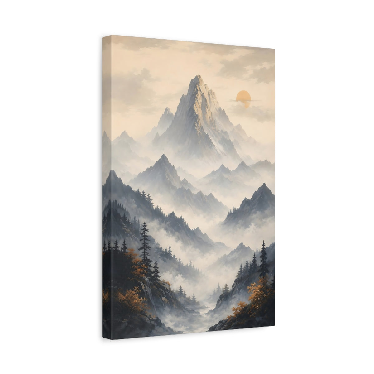 Side Mockup 4. Nature Mountain Range Misty Mountain shown as stretched canvas wall art