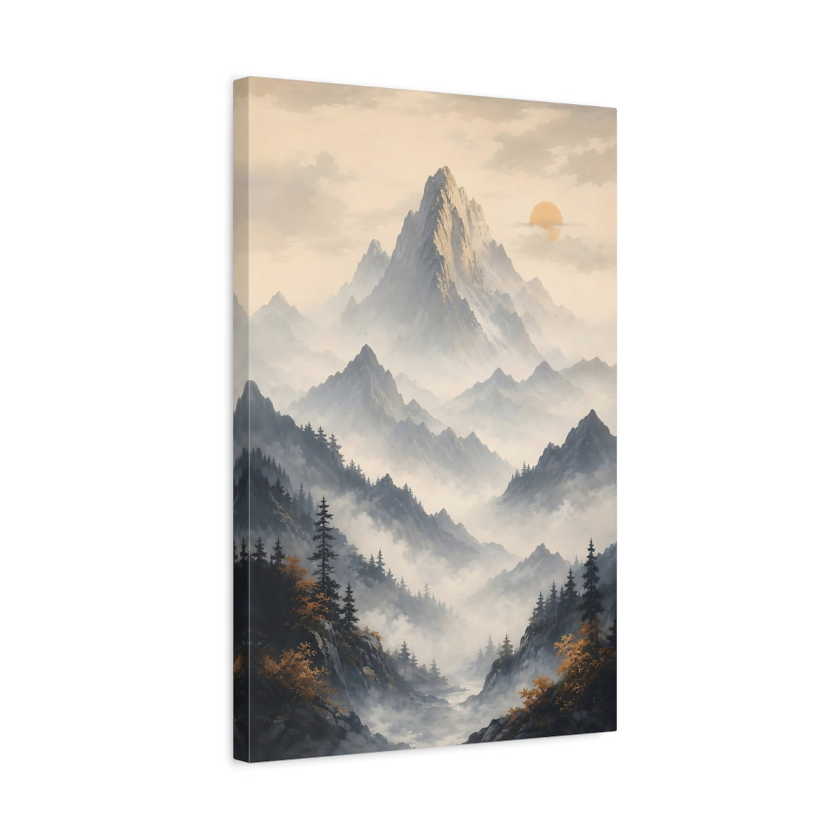 Side Mockup 3. Nature Mountain Range Misty Mountain shown as stretched canvas wall art