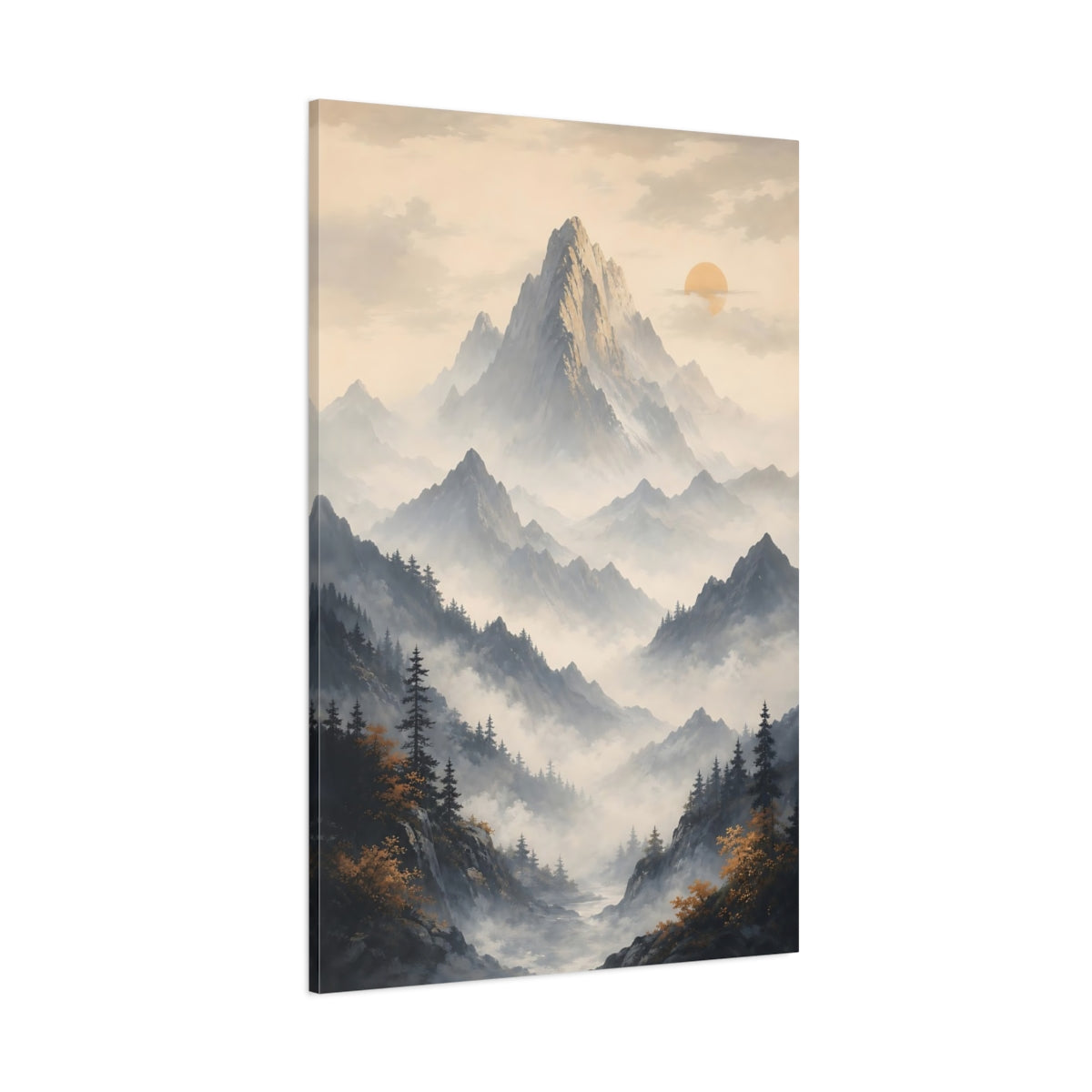 Side Mockup 1. Nature Mountain Range Misty Mountain shown as stretched canvas wall art