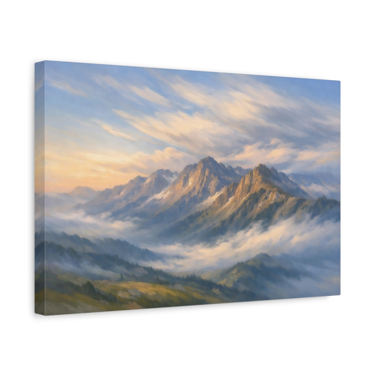 Side Mockup 4. Nature Mountain Range Misty Mountain Landscape shown as stretched canvas wall art