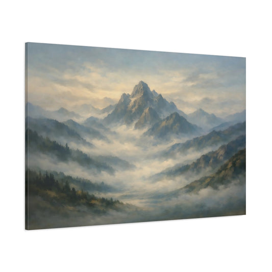 Main Mockup. Nature Mountain Range Misty Mountain Blue shown as stretched canvas wall art
