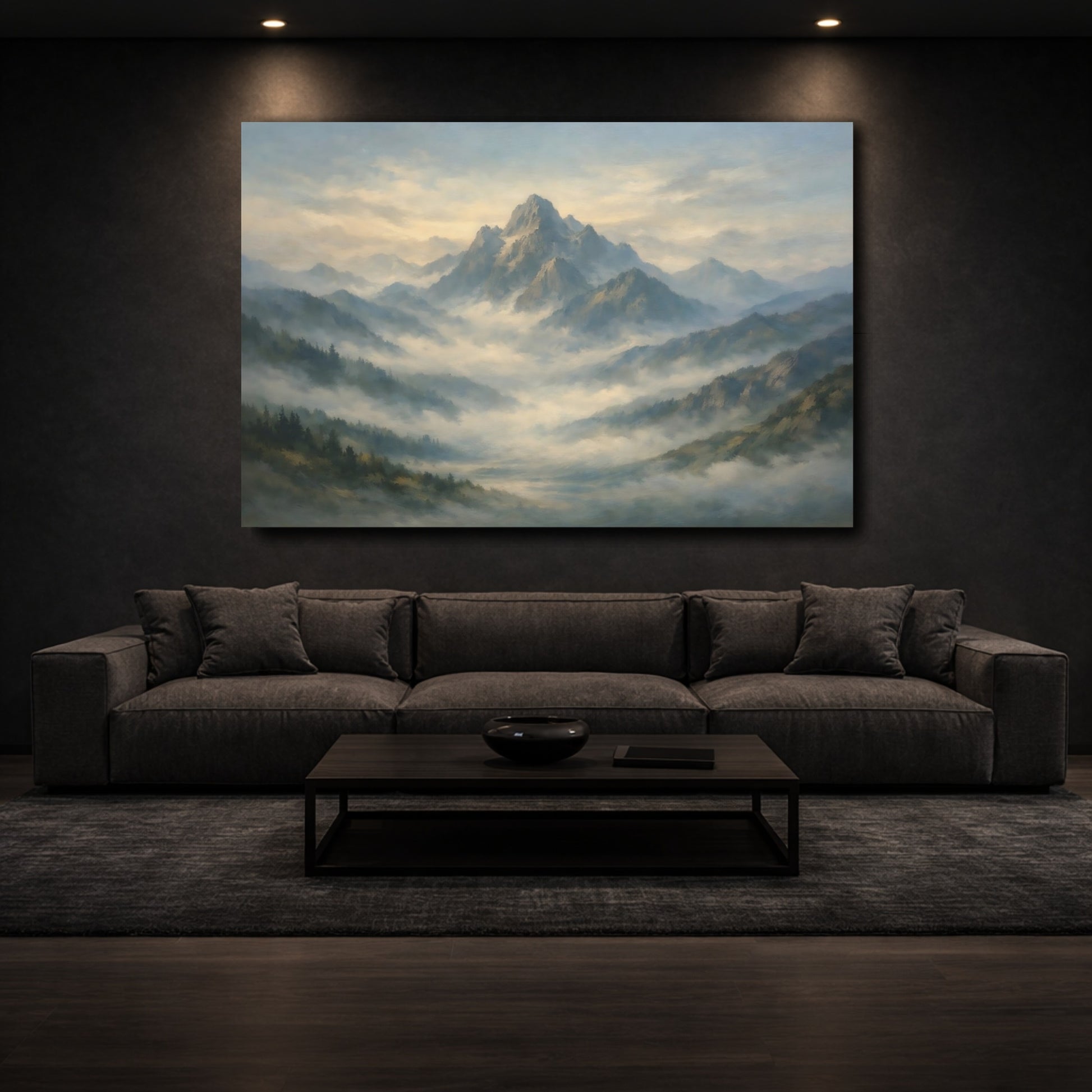 Mockup 2. Nature Mountain Range Misty Mountain Blue shown as stretched canvas wall art